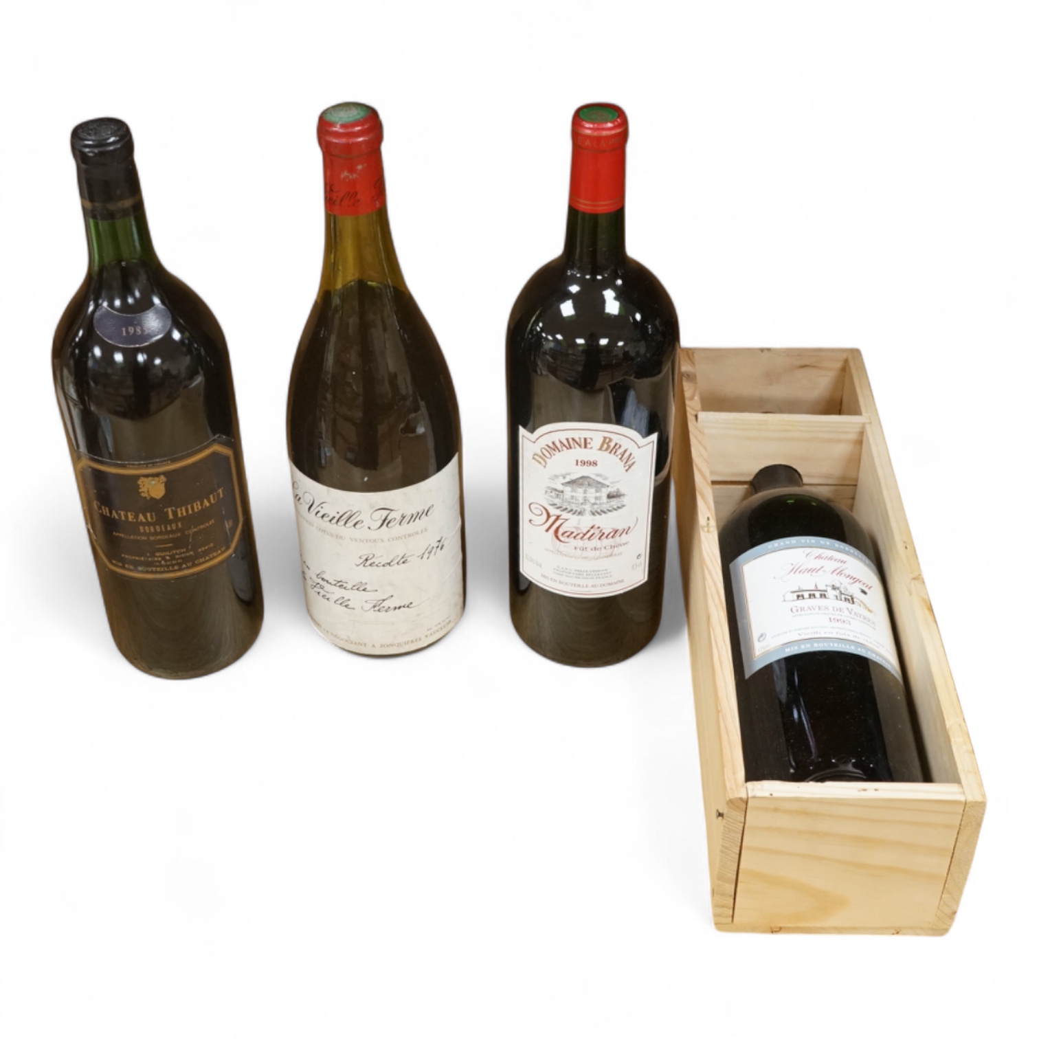 Wine: Chateau Thibaut, 1985 magnum Domaine Brana magnum 1998, Chateau Haut Mongreat magnum 1993, La Vielle Ferme magnum 1976